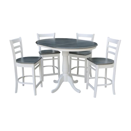 International Concepts Round 36 in Rd Extend Dining Table, 4 Emily Stools, White/Heather Gray, 36 W, 48 L, 35.3 in H, Wood K05-36RXT-6B-S6172-4